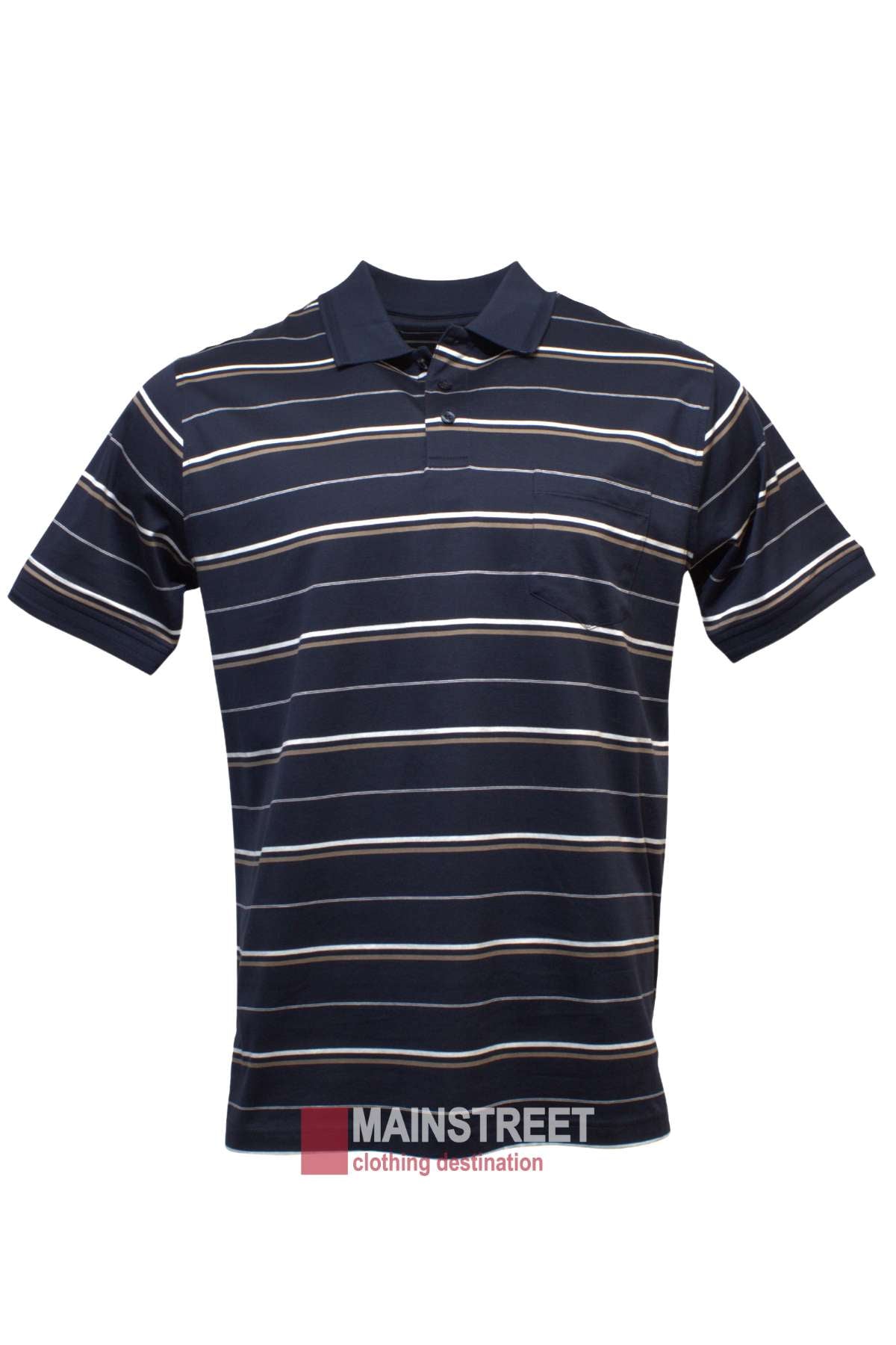 The Bridgeport Club Mercerised Polo in navy blue is made from 100% cotton, features white and light blue stripes, a collar with partial button placket, and “MAINSTREET clothing destination” text at the hem.