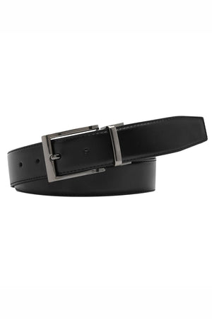 The Buckle 3508 Heritage 35mm Reversible Leather Belt features black leather and a rectangular silver buckle, coiled in a loose loop on a white background. Its reversible design offers versatile style for any occasion.