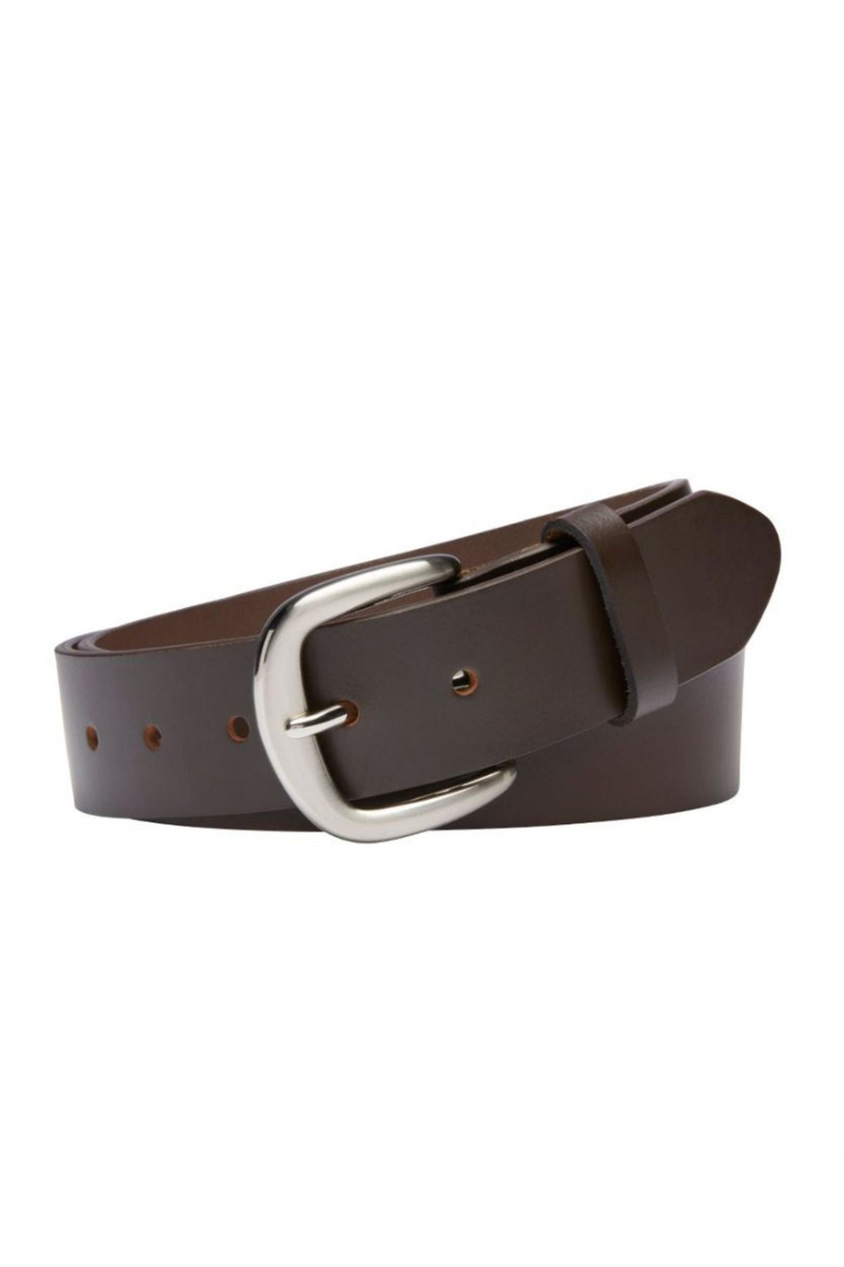 The Buckle 5092 Buffalo Top Grain Belt is a dark brown Australian leather men's belt with a silver buckle, neatly coiled on a white background. Several adjustment holes are visible along its length.
