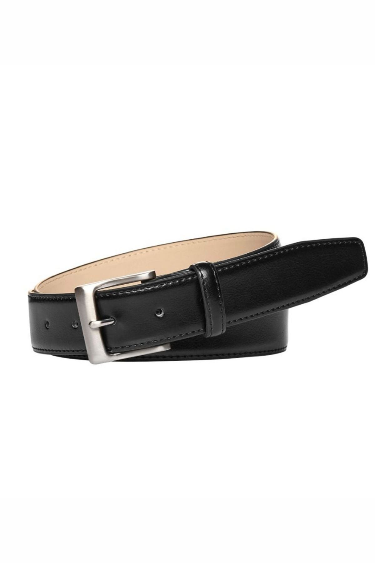 The Buckle 5115 Rogue Deluxe Leather Belt in black features a brushed nickel buckle and is rolled to show its tan genuine club leather inner side.