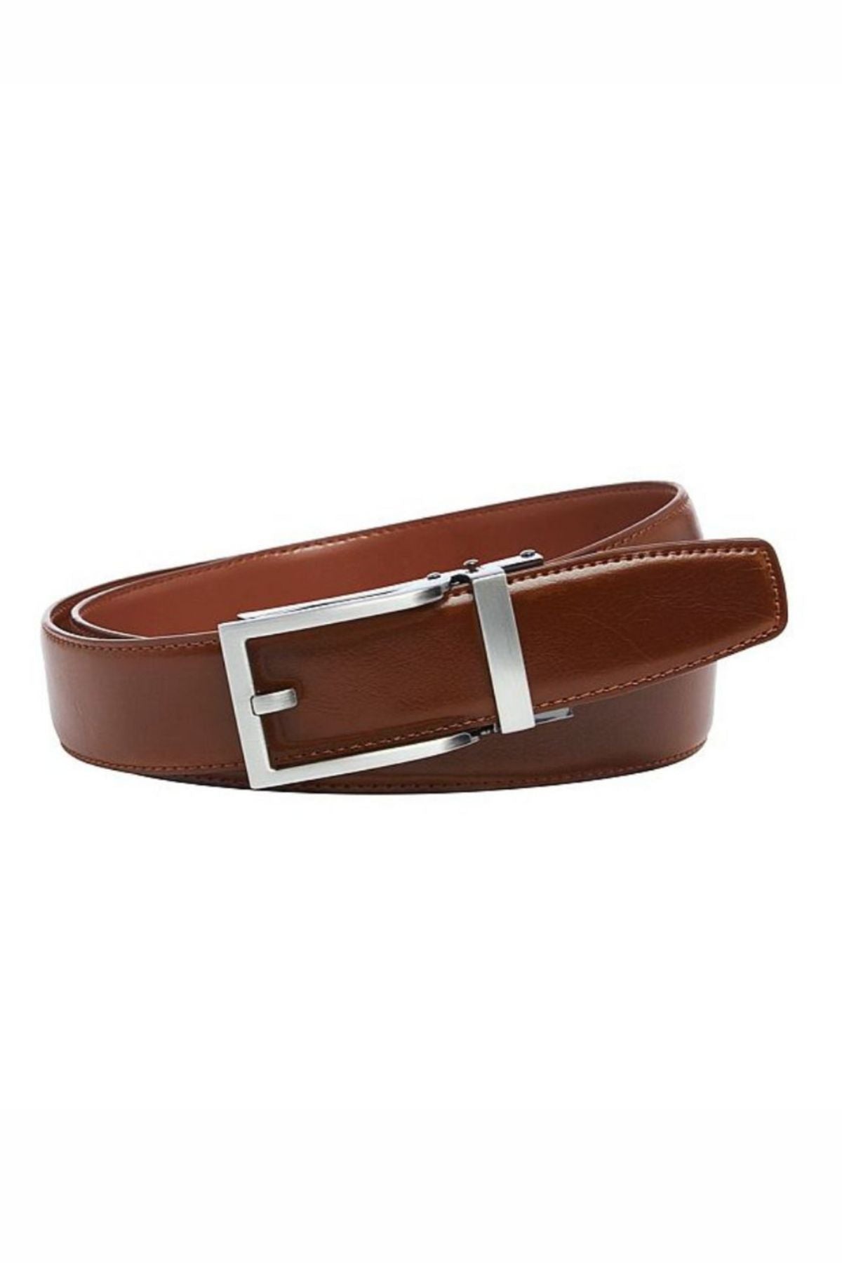The Buckle 5129 Hamilton Auto Club Belt, made of brown genuine leather with a sleek, no-holes design and a silver rectangular buckle, is coiled neatly on a white background.