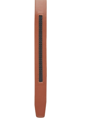 A close-up of the Buckle 5129 Hamilton Auto Club Belt shows its genuine leather strap and a rectangular section with a black textured inset, highlighting the sophistication of this adjustable belt.
