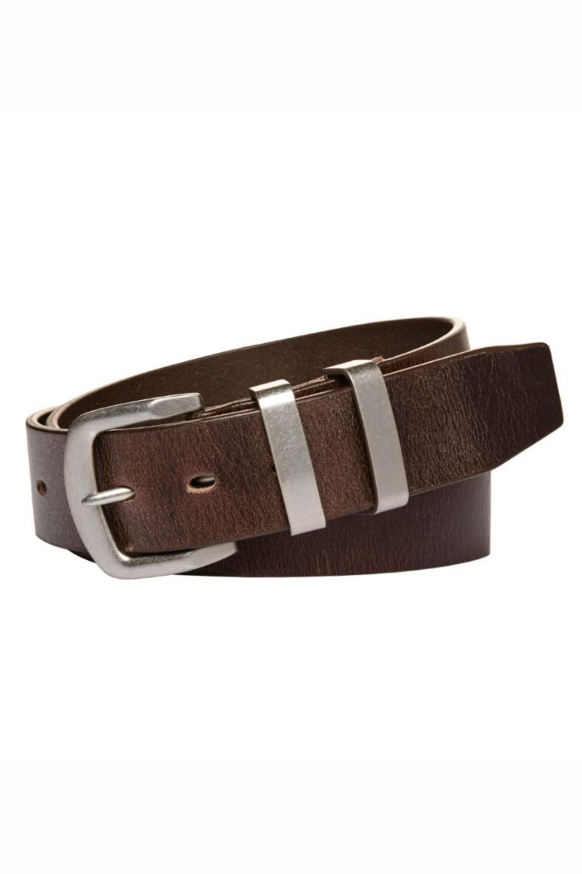 The Buckle 5538 Natural Full Grain Belt, featuring an antique nickel buckle and two matching loops, is rolled up and displayed on a plain white background.