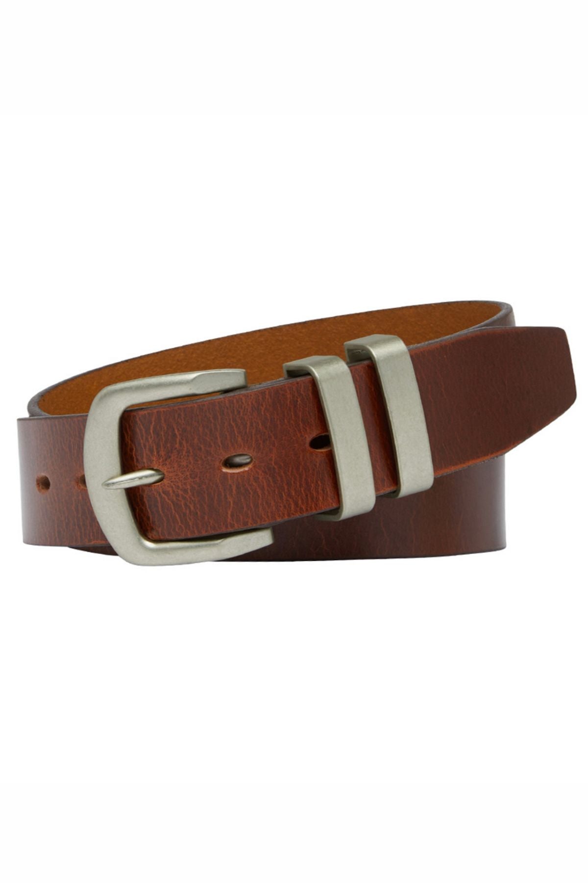 The Buckle 5538 Natural Full Grain Belt, crafted in Australia from brown full grain leather, features a silver metal buckle and two matching loops, and is shown coiled on a white background.
