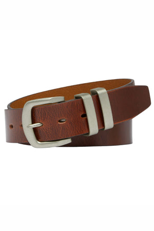 The Buckle 5538 Natural Full Grain Belt, crafted in Australia from brown full grain leather, features a silver metal buckle and two matching loops, and is shown coiled on a white background.
