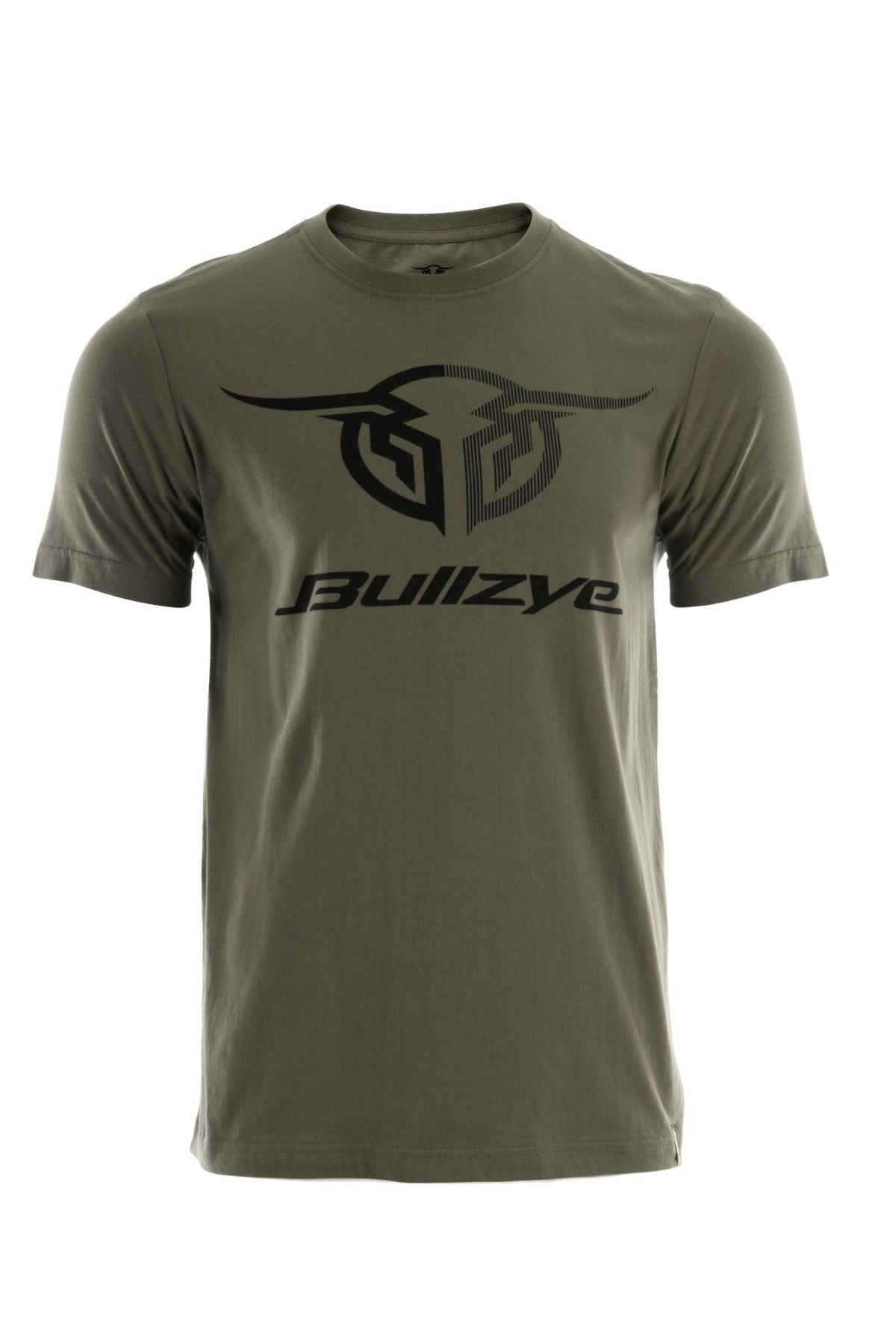 The Bullzye Authentic Tee in olive green, made from 100% cotton jersey, showcases a bold black stylized bull logo and "Bullzye" print on the front, presented against a plain white background.