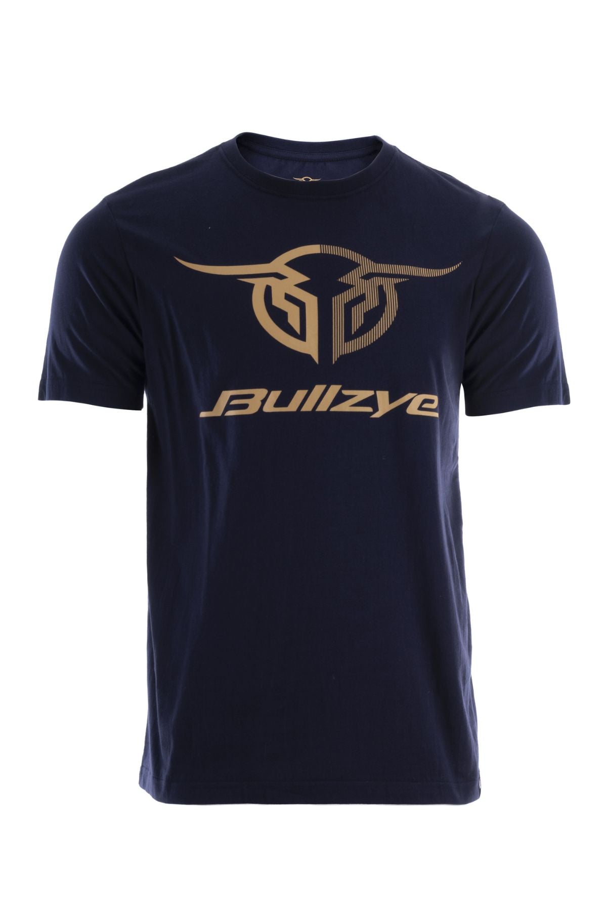 The Bullzye Authentic Tee in navy blue is made from 100% cotton jersey and features a stylized bull logo with "Bullzye" in beige on the front, showcased against a plain white background.