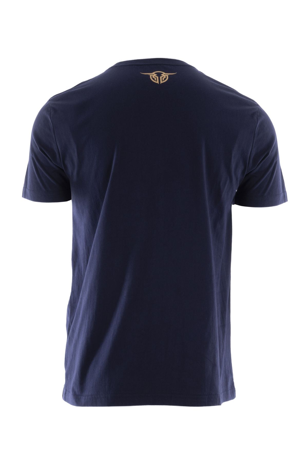 The Bullzye Authentic Tee is a plain navy blue short-sleeve shirt made from 100% cotton jersey, shown from the back with a small gold logo just below the neckline.