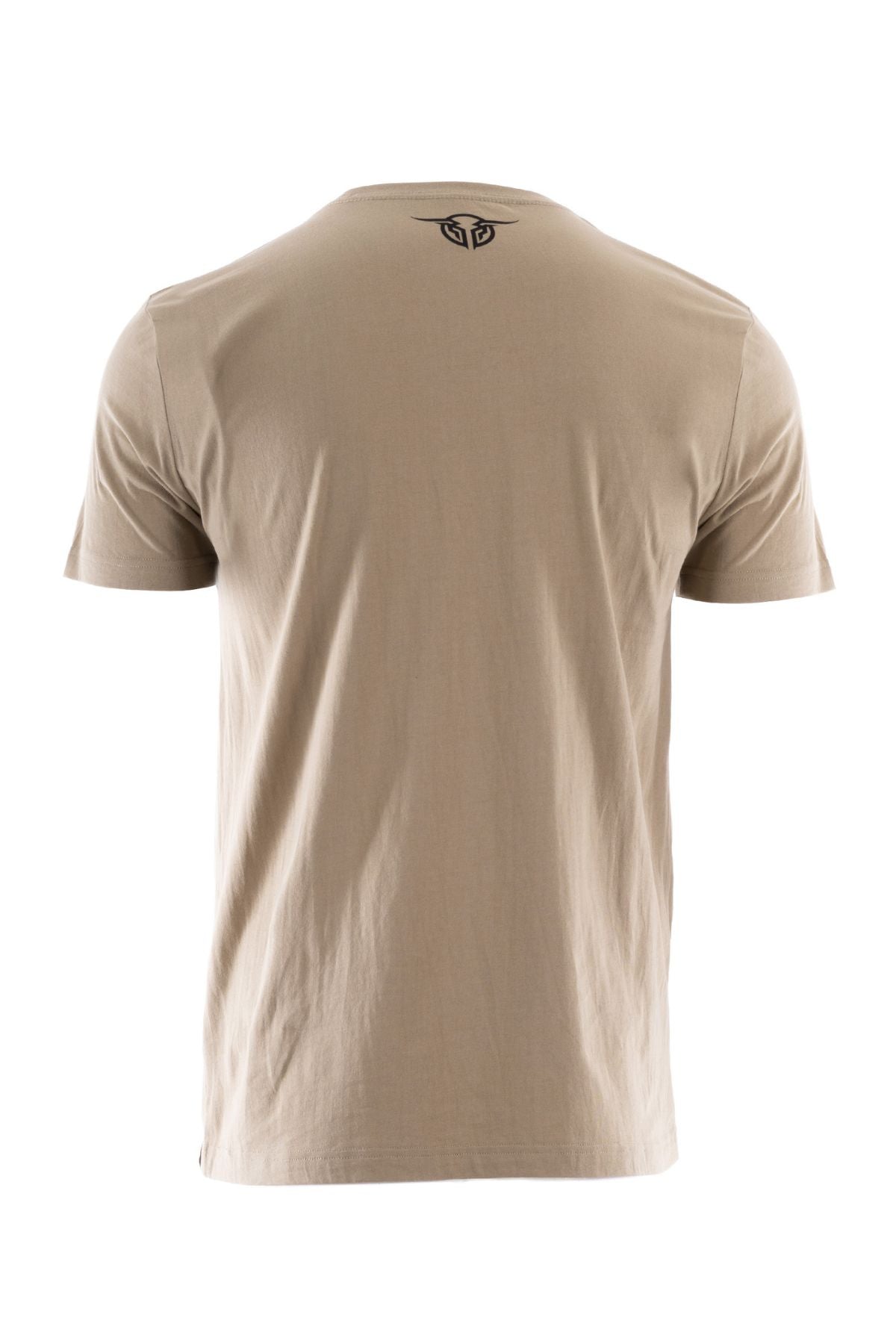 The Bullzye Authentic Tee is a beige short-sleeve shirt made from 100% cotton jersey, shown from the back with a small black graphic logo near the neckline. The fabric is soft and plain, with no other visible designs or text.