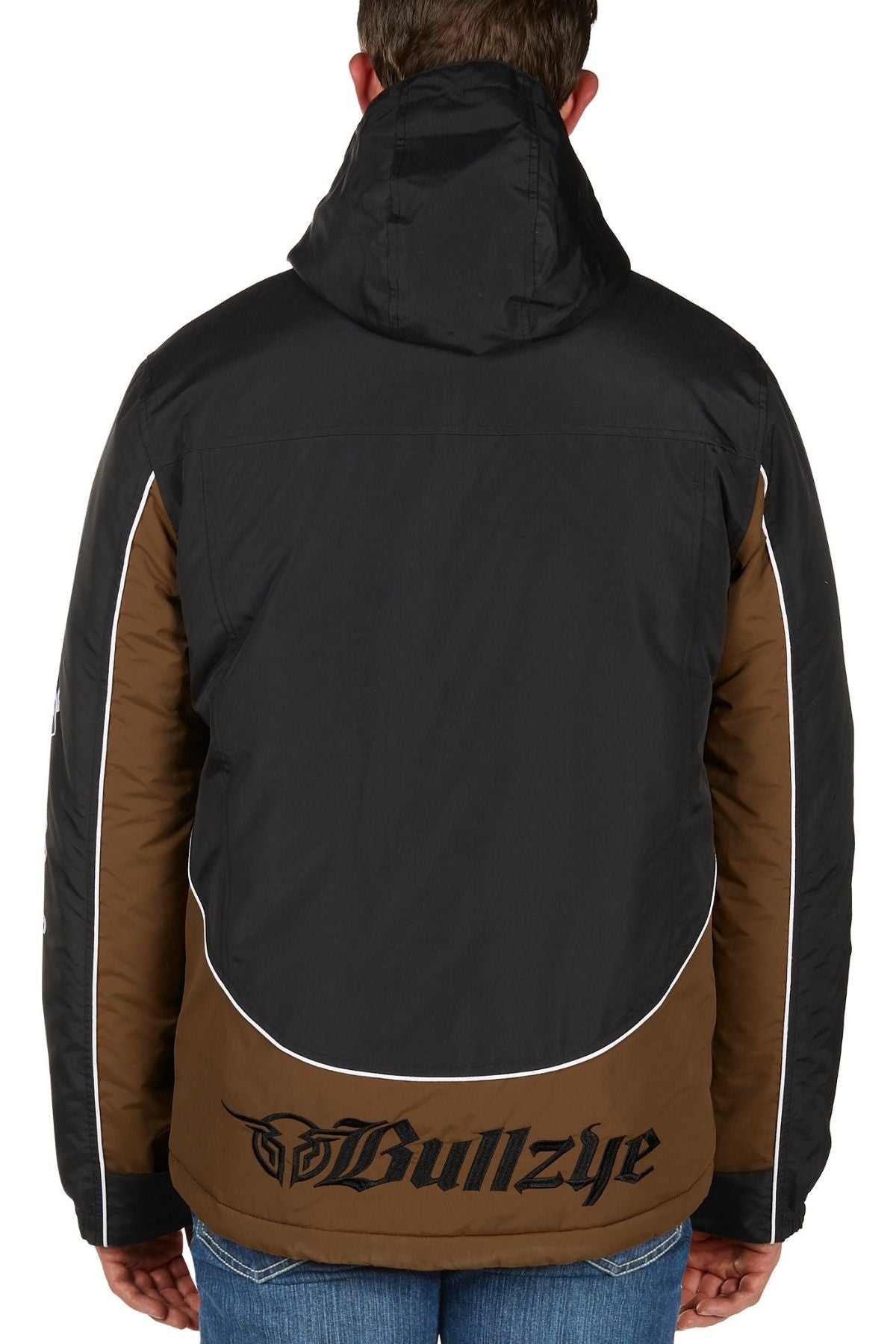 A person seen from behind wearing the Bullzye Bazooka Jacket—a black and brown waterproof jacket with "Bullzye" on the lower back, white piping along the sleeves and back, and designed for weather protection.