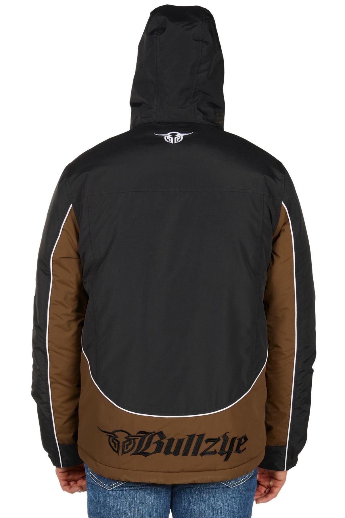 A person shown from behind wears the Bullzye Bazooka Jacket—a rugged black and brown waterproof hooded jacket with white piping and Bullzye logo and text on the back—paired with blue jeans.