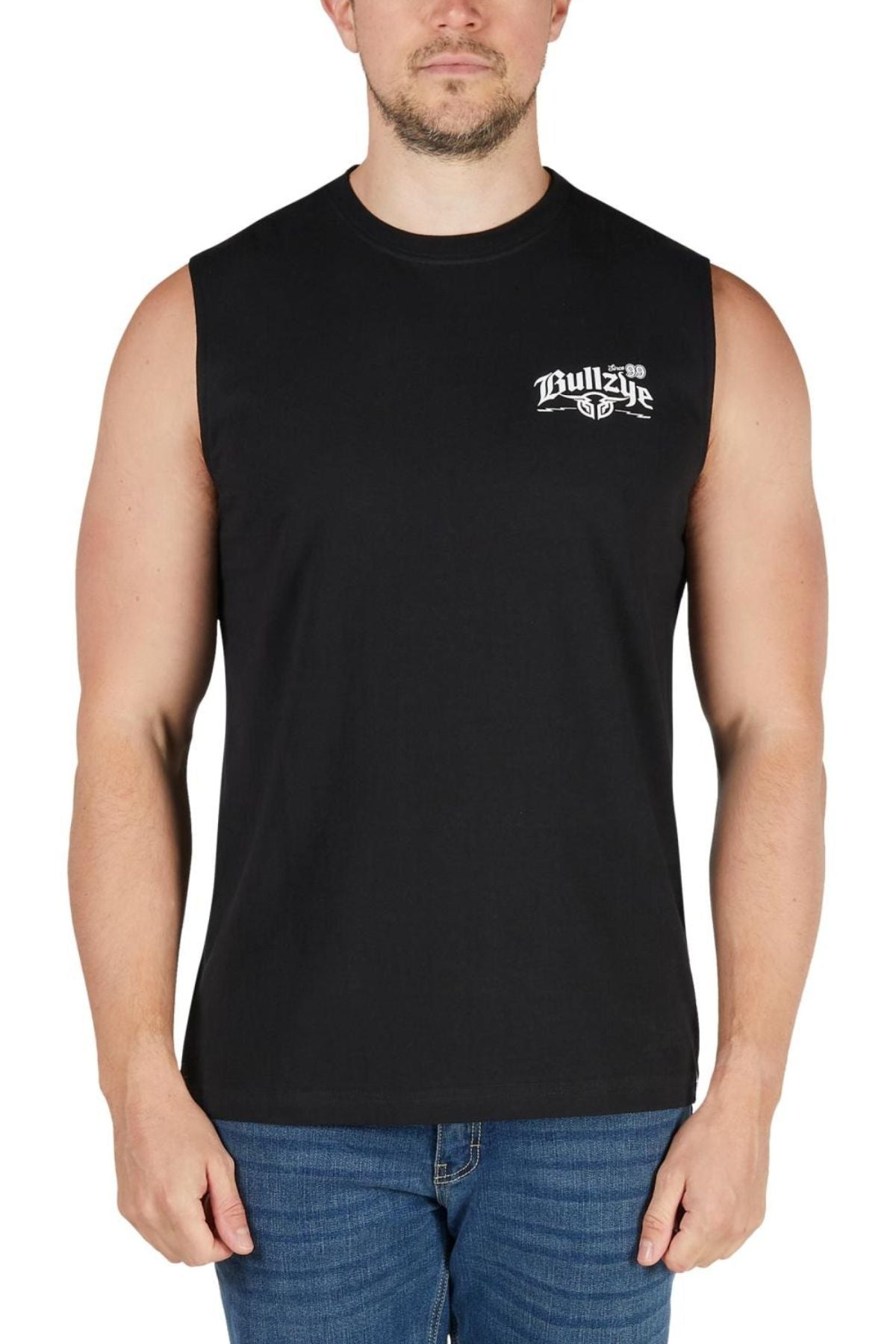 A man wears the Bullzye Brewin Dust Muscle Tank, featuring a small white logo on the left chest, paired with blue jeans, standing front-facing against a plain white background.