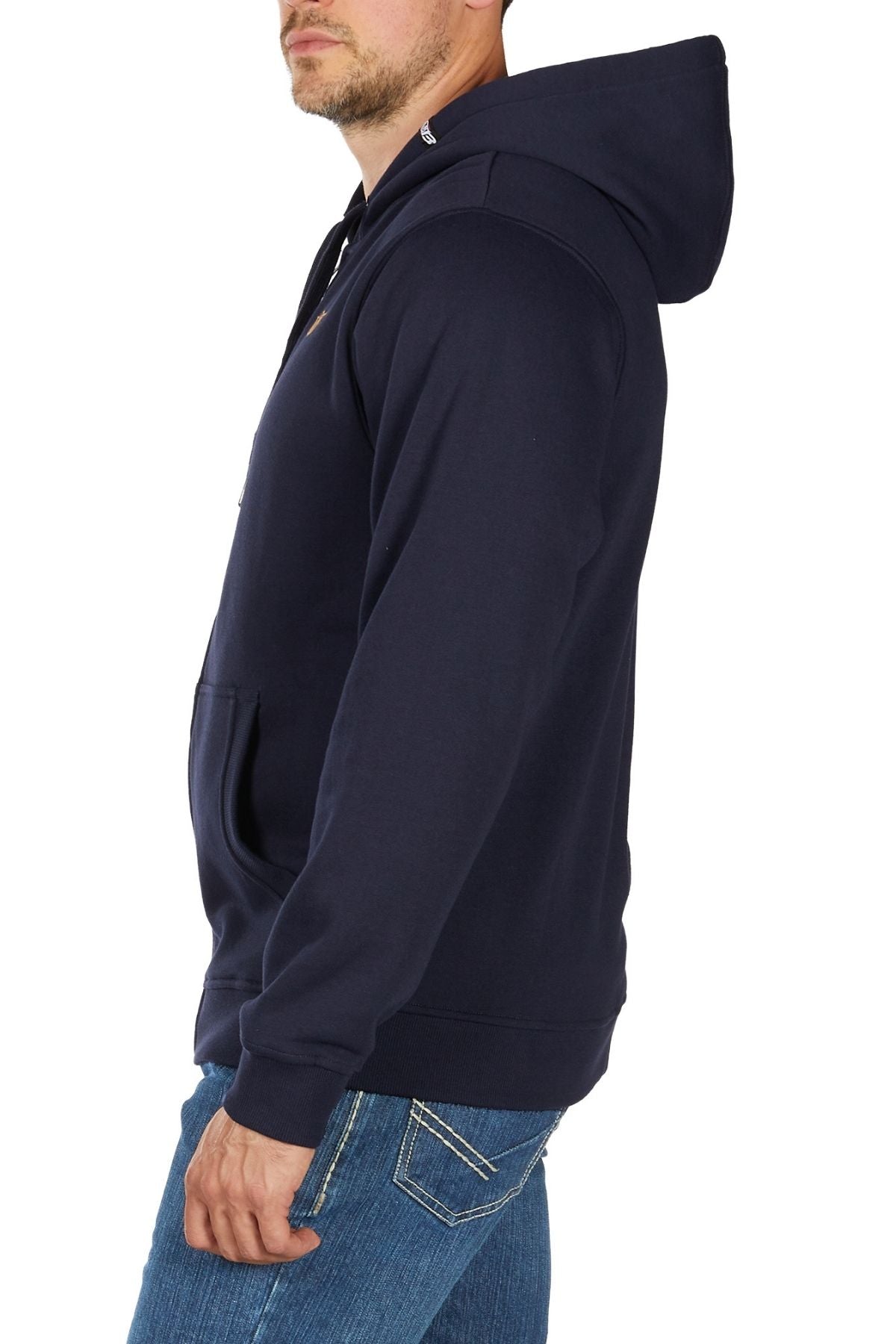 A person wearing the Bullzye Hardy Zip Up Hoodie in dark blue with the hood up and blue jeans is shown from the side against a white background, with their face partially visible.