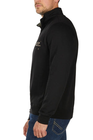A man in profile stands against a white background wearing blue jeans and a black Bullzye Logo 1/4 Zip Pullover with a small chest logo.