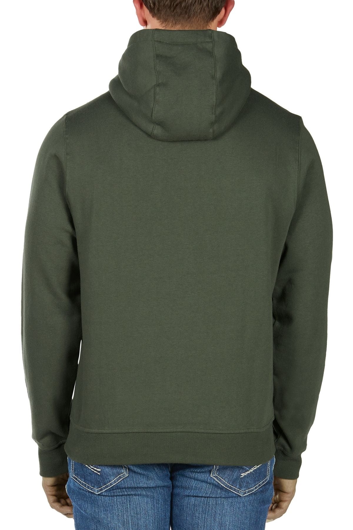 A person shown from the back, wearing a dark green Bullzye Original Hoodie and blue jeans, against a white background.