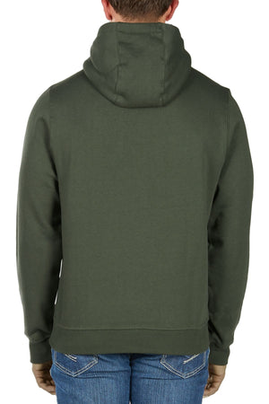 A person shown from the back, wearing a dark green Bullzye Original Hoodie and blue jeans, against a white background.
