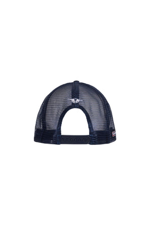 Back view of the Bullzye Outback High Profile Trucker Cap in navy blue, featuring mesh panels, an adjustable snapback closure, and a small white logo above the opening.