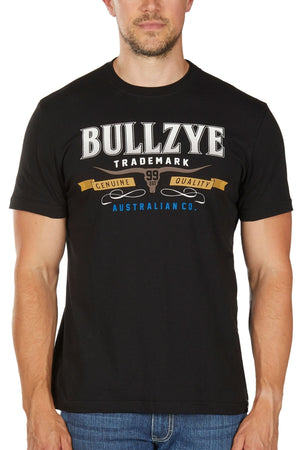 A man wears the Bullzye Trademark Tee, a black T-shirt with a bold, colorful Bullzye chest print, standing against a plain white background—perfect for everyday wear with genuine Australian style.