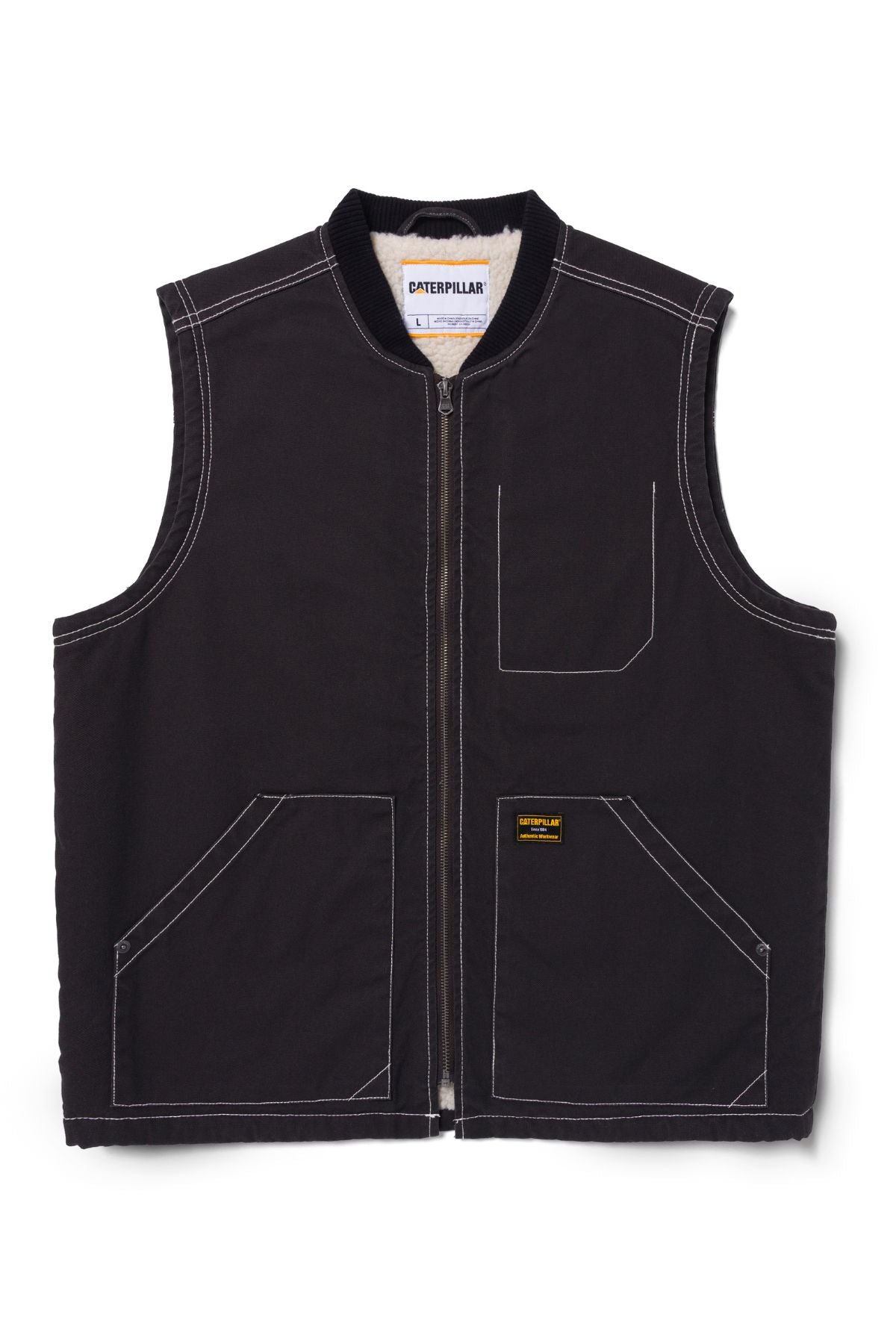 The CAT Canvas Utility Sherpa Lined Vest is black, sleeveless, and features a front zipper, two large front pockets, a small chest pocket, white contrast stitching, and a Caterpillar brand label on the front.