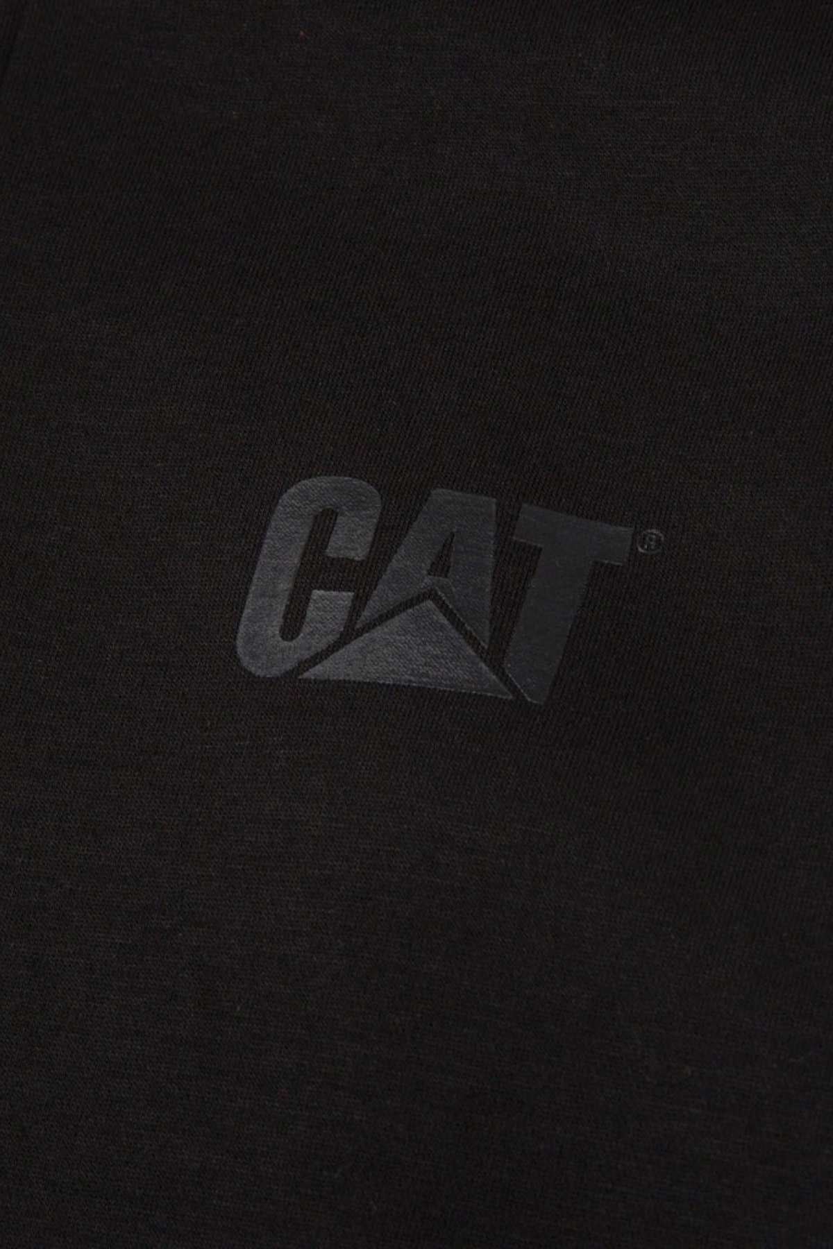The CAT Essential 1/4 Zip Sweatshirt boasts a black design with an embossed "CAT" logo and a triangle below the "A," complemented by a super soft fleece lining for ultimate comfort and style.