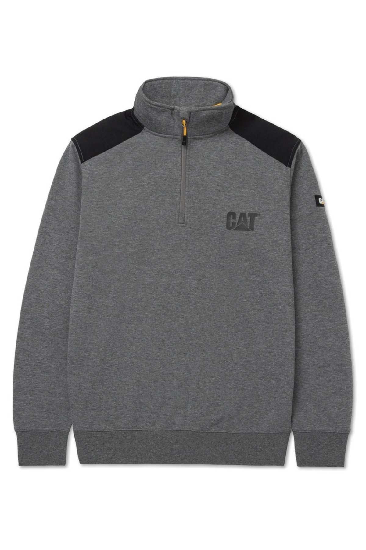 The CAT Essential 1/4 Zip Sweatshirt is a grey pullover designed with a quarter-zip, black nylon shoulder overlays, and a stand collar. It features the "CAT" logo on the left chest, ribbed cuffs on its long sleeves, and a ribbed hem. Additionally, it includes an ultra-soft fleece lining for enhanced comfort.