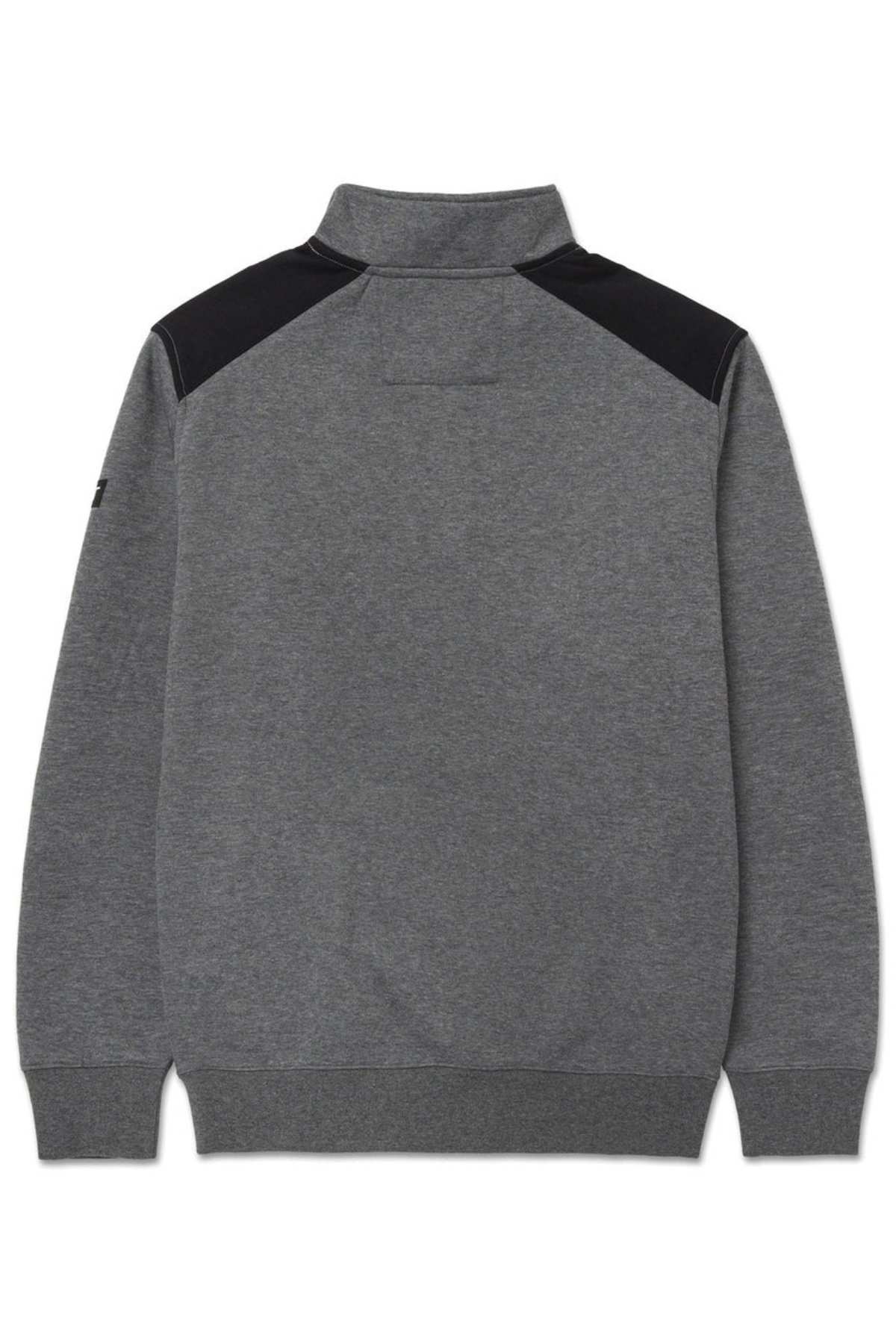 A back view of the CAT Essential 1/4 Zip Sweatshirt in gray, showcasing black nylon overlays on the shoulders. The sweatshirt features a stand-up collar, ribbed cuffs and hem, and a small rectangular stitch detail at the upper back.