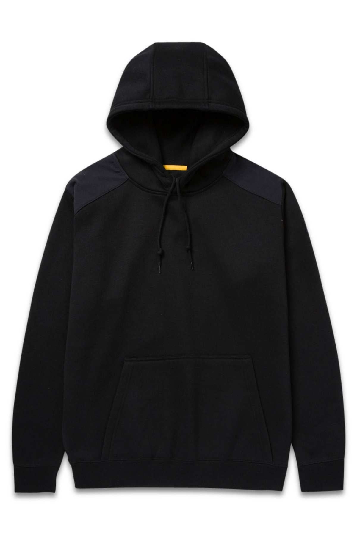 The CAT Essential Hooded Sweatshirt is a black slim fit garment with long sleeves and a front kangaroo pocket. It features an adjustable hood and subtle dark shoulder accents, providing a simple yet stylish look. The hoodie is displayed against a white background.