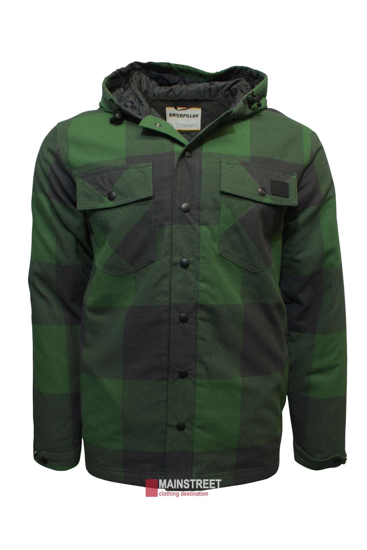 The CAT Flannel Lightweight Insulated Jacket features a green and black checkered design, buttoned chest pockets, black buttons, "Caterpillar" label inside, and a warm diamond quilted lining for comfort. Displayed on a white background.