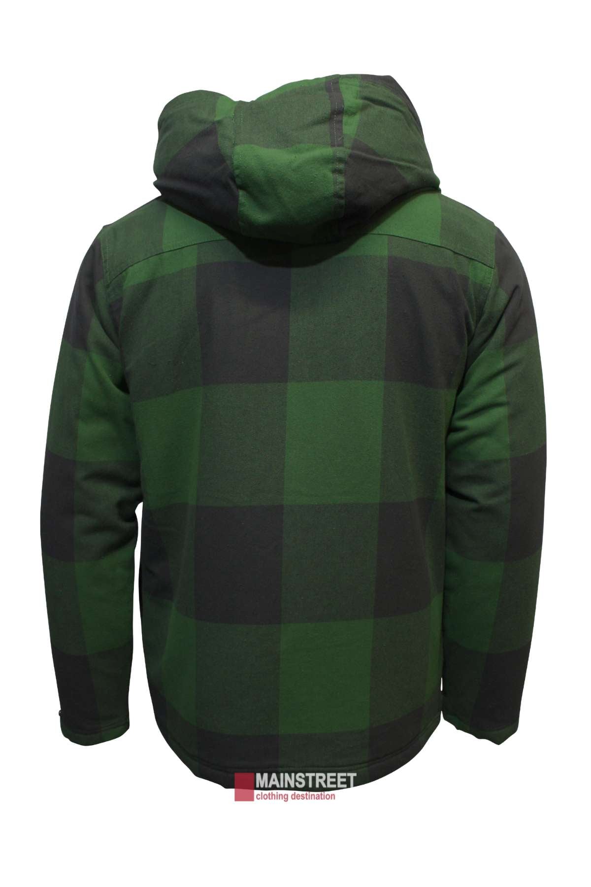 A green and black checkered CAT Flannel Lightweight Insulated Jacket with a hood is shown from the back, with "MAINSTREET clothing destination" text at the bottom of the image.