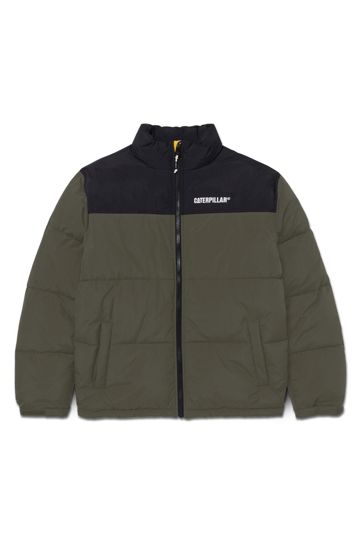 The CAT Heavy Weight Insulated Puffer Jacket is olive green with black shoulders, a front zip, white "Caterpillar" logo on the left chest, high collar, two side pockets, and recycled insulation for warmth.