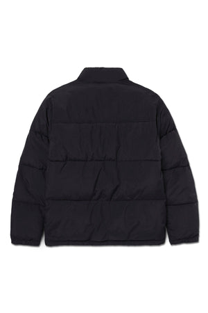 The CAT Heavy Weight Insulated Puffer Jacket is shown from the back in black, featuring horizontal quilting, a high collar, long sleeves, and a simple minimalist design.