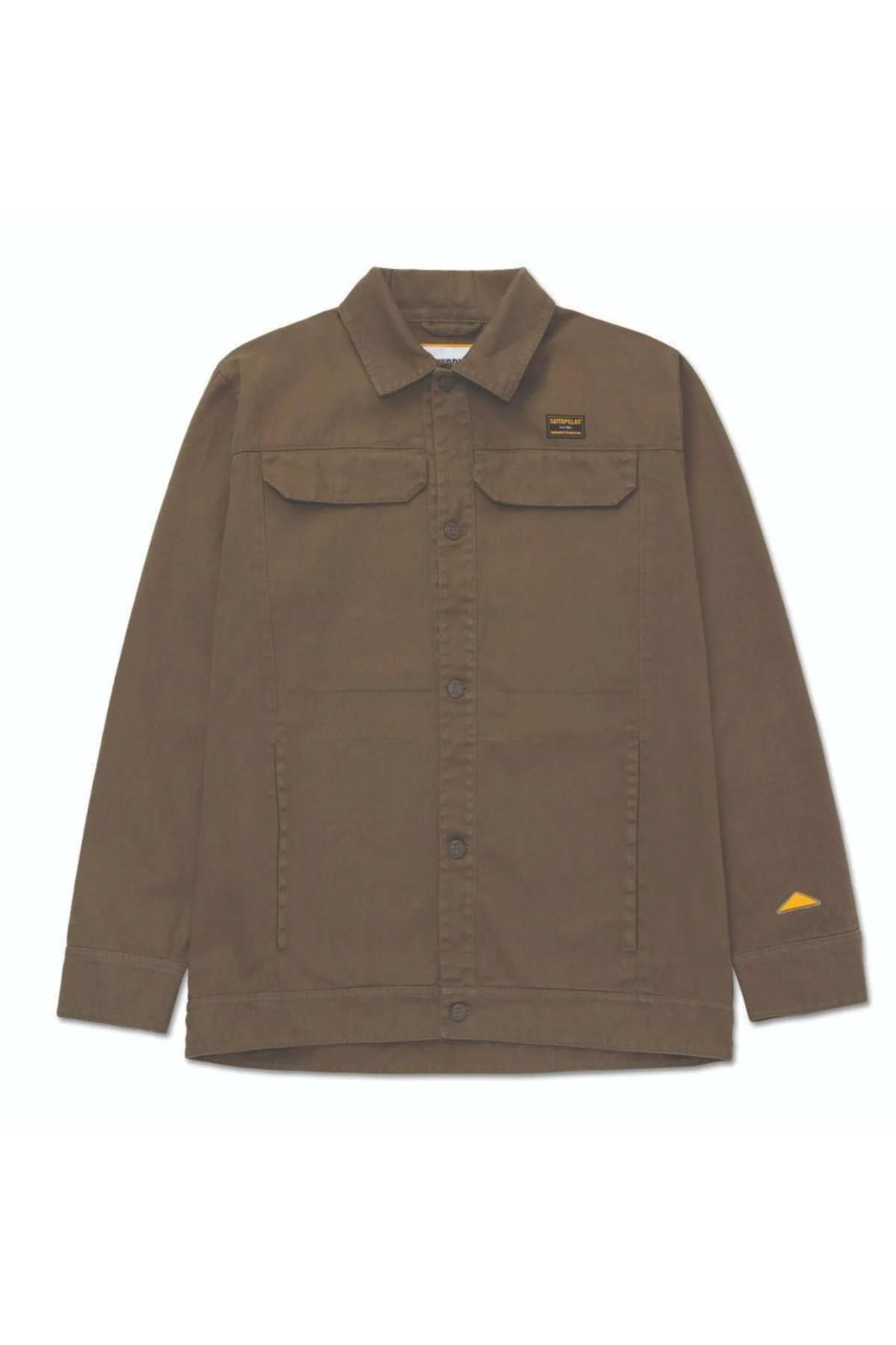 CAT Heritage Uniform Twill Shirt Jacket—brown cotton twill with collar, long sleeves, flap chest pockets, left chest rectangular patch, and yellow triangular patch on lower right sleeve; perfect as an outdoor work jacket.