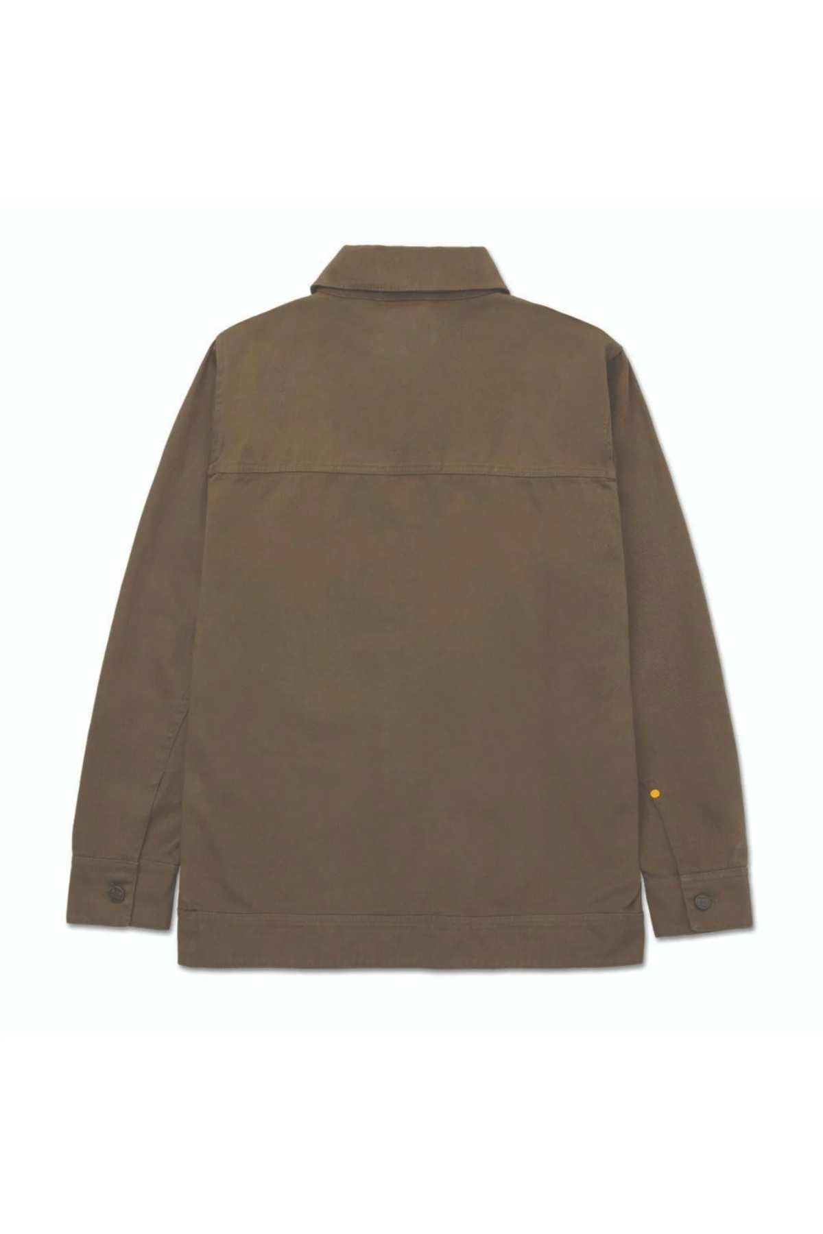 The CAT Heritage Uniform Twill Shirt Jacket is shown from the back in brown cotton twill, featuring a straight hem, long sleeves with buttoned cuffs, and a simple collar. The sturdy fabric ensures durability for outdoor work.