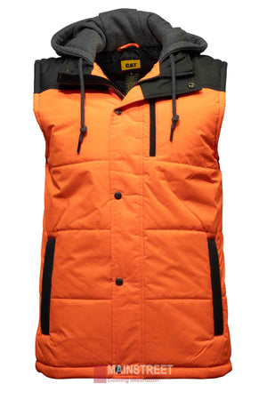 The CAT Hi Vis Hooded Work Vest features bright orange with black accents, a gray hood with drawstrings, water-resistant nylon ripstop fabric, front snap buttons, zippered pockets, and the CAT logo on the inner collar.