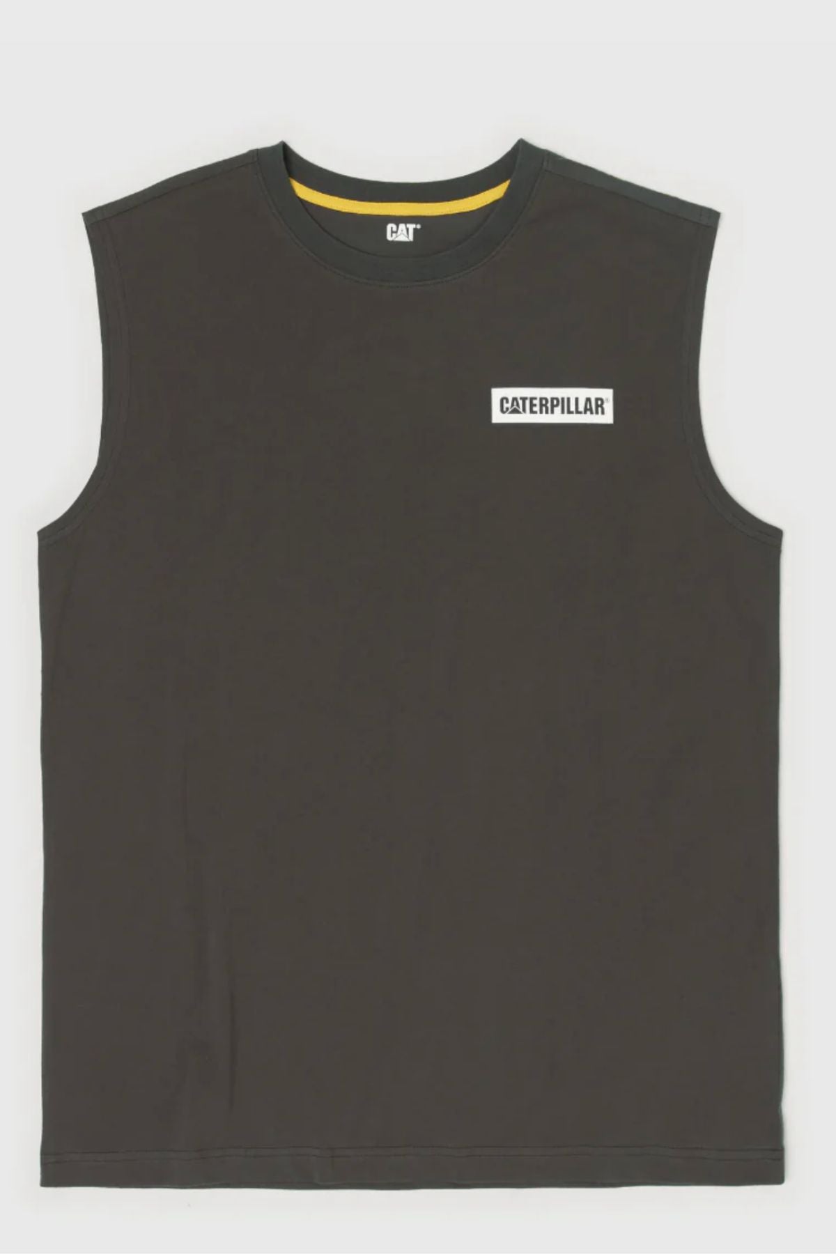 The CAT Icon Block Muscle Tee is a sleeveless black shirt featuring "CATERPILLAR" in white on the upper left chest and a yellow accent inside the collar.