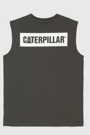 The CAT Icon Block Muscle Tee is a sleeveless black cotton regular-fit top with a large white back label displaying bold black "CATERPILLAR" text and the brand’s signature triangular logo inside the letter "A".