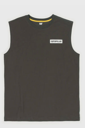 The CAT Icon Block Muscle Tee is a sleeveless black shirt featuring "CATERPILLAR" in white on the upper left chest and a yellow accent inside the collar.