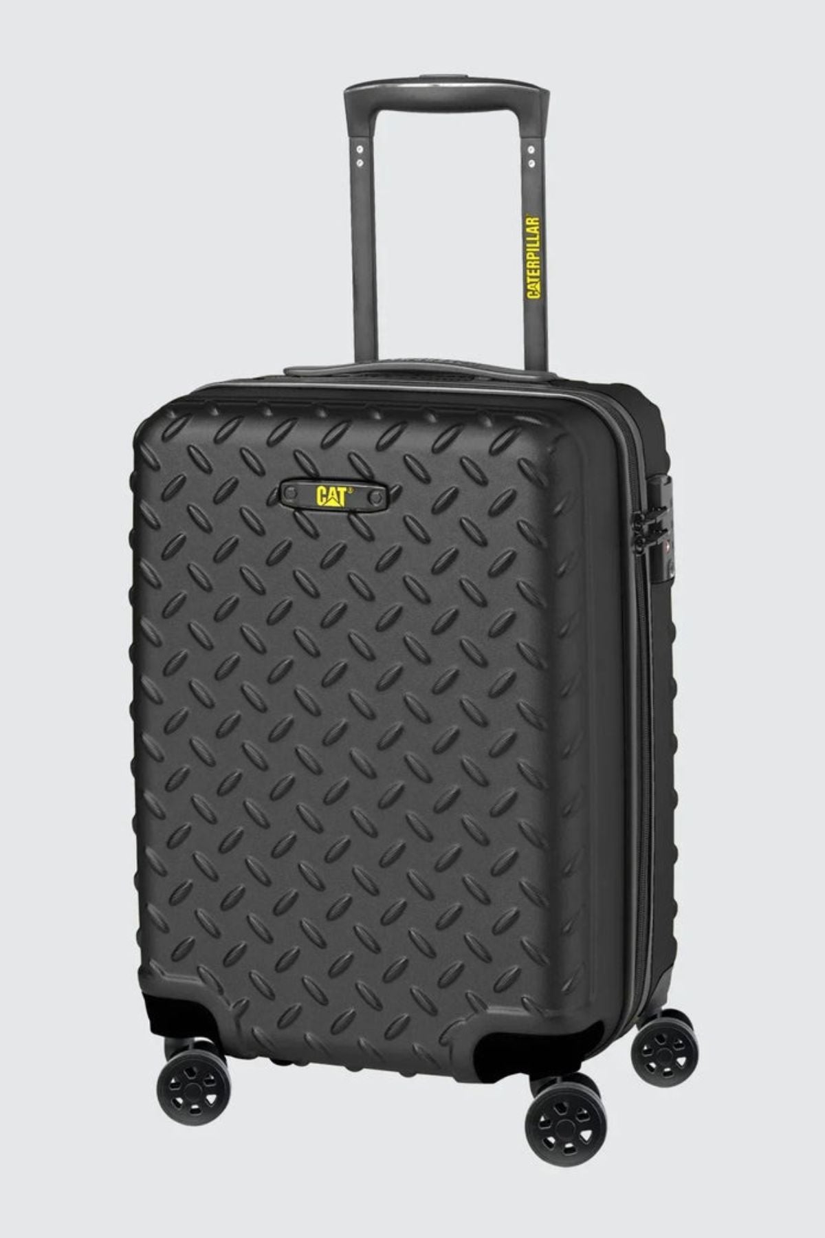 The CAT Industrial Plate 24" Trolley is a black, hard-shell suitcase with a diamond plate texture, four spinner wheels, telescopic handle, TSA lock, and yellow CAT logo and "Caterpillar" accents.