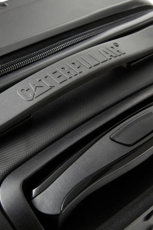 Close-up of the textured handle on the CAT Industrial Plate 24" Trolley, featuring the embossed Caterpillar logo and part of a zipper—ideal extra-capacity luggage with a secure TSA lock.