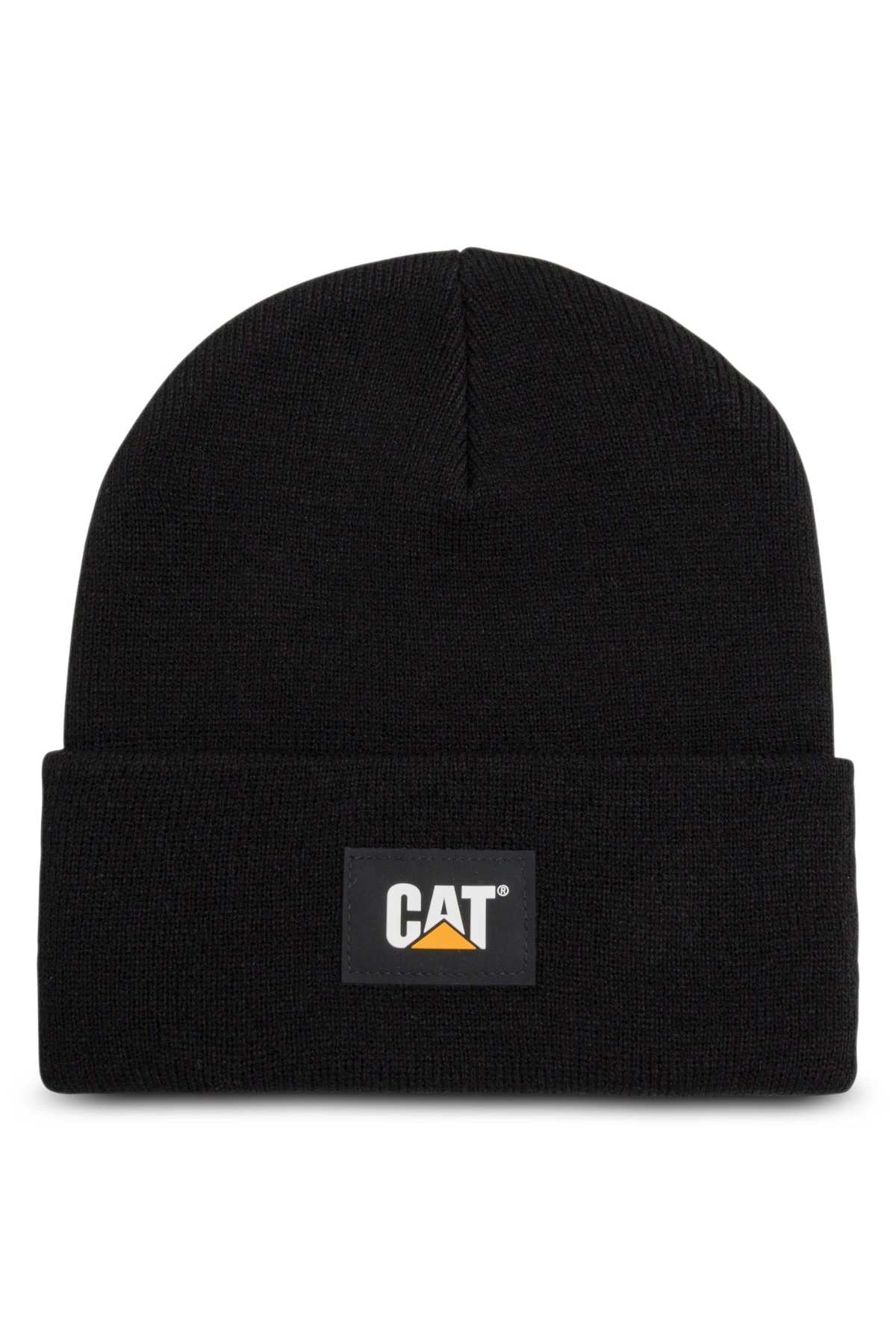 The CAT Label Cuff Beanie provides warmth and comfort with a black knit design, folded brim, and an embroidered "CAT" logo patch featuring a white text and yellow triangle on the front.