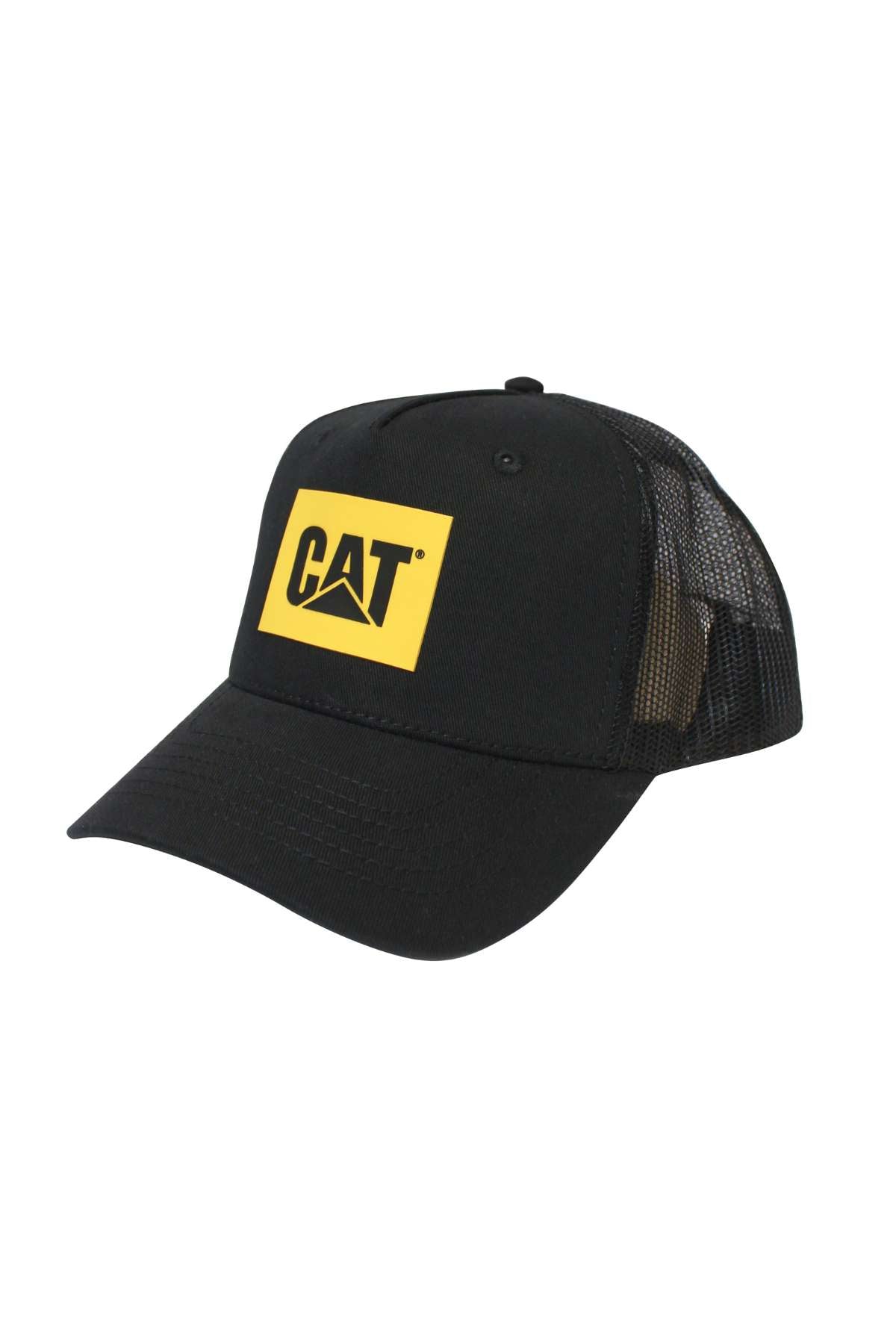 The CAT Logo 5 Panel Trucker Cap is black with a curved brim, cotton twill front, and mesh panels. It features a yellow rectangular patch with the iconic CAT logo on the front.
