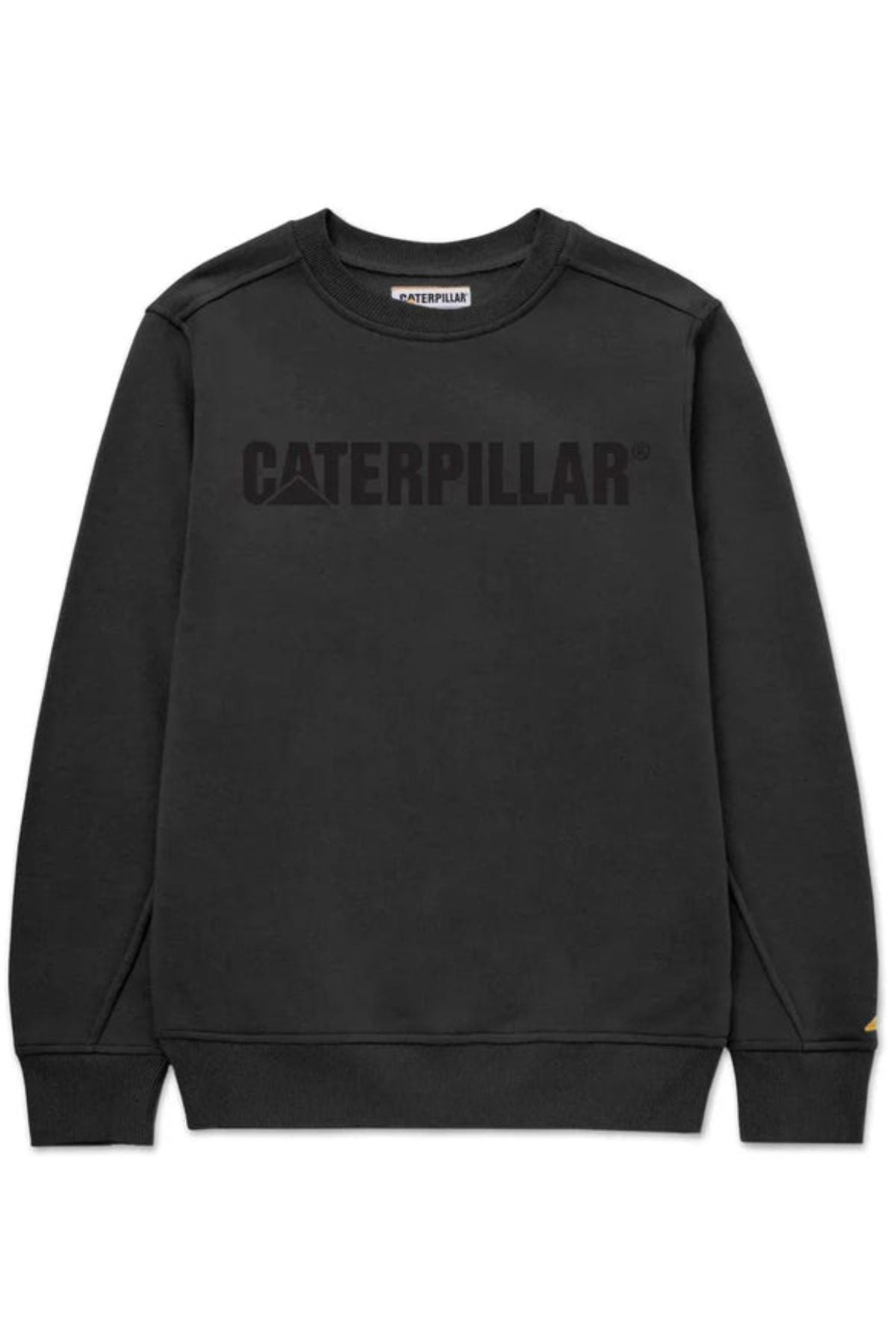 A black CAT Logo Crewneck Sweatshirt featuring long sleeves and the "Caterpillar" brand name printed in bold across the chest.