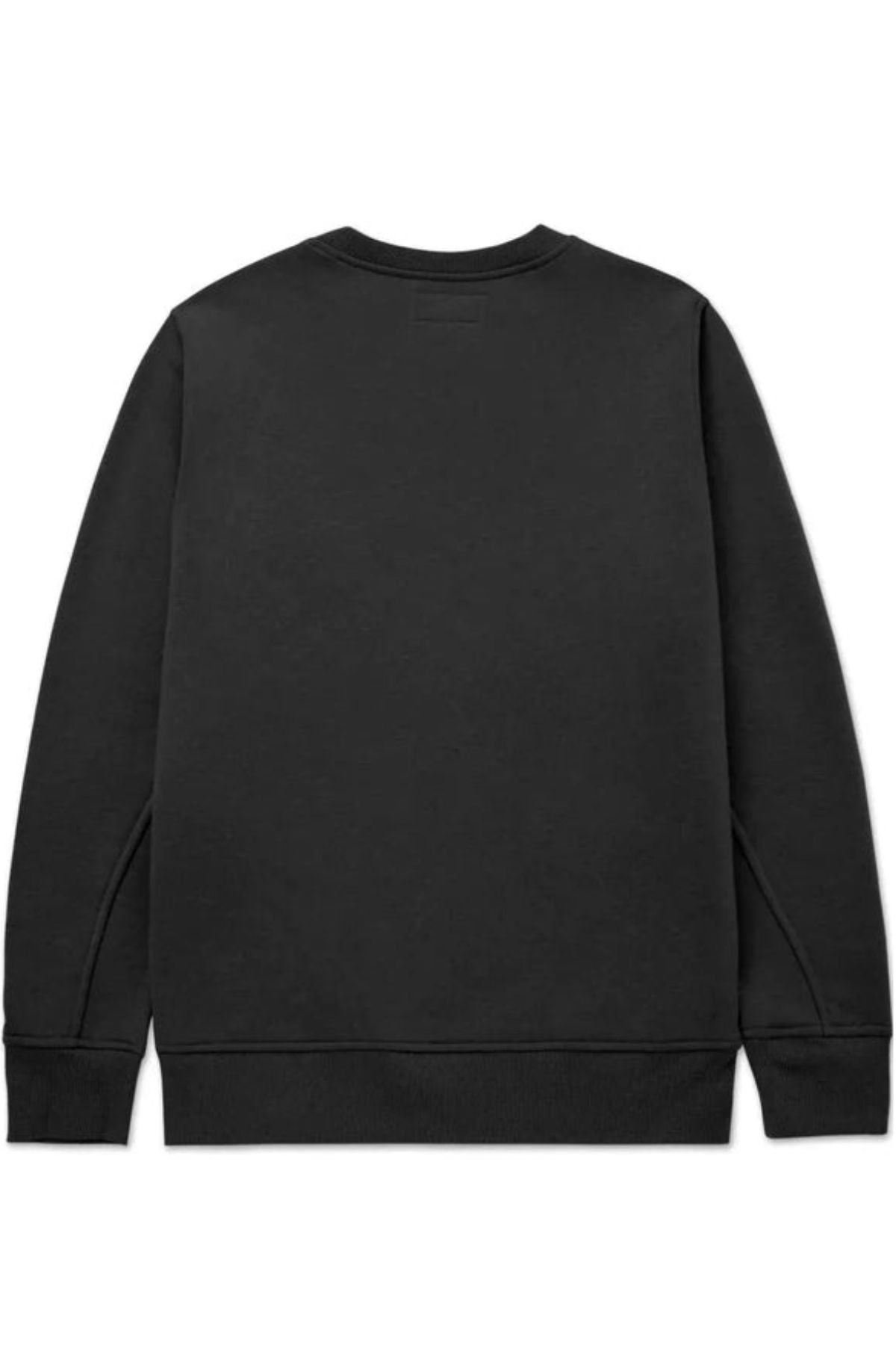 The CAT Logo Crewneck Sweatshirt is shown from the back in plain black, featuring long sleeves, ribbed cuffs, and a ribbed waistband. This classic crewneck has no visible logos, designs, or decorations.