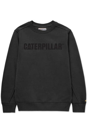 A black CAT Logo Crewneck Sweatshirt featuring long sleeves and the "Caterpillar" brand name printed in bold across the chest.