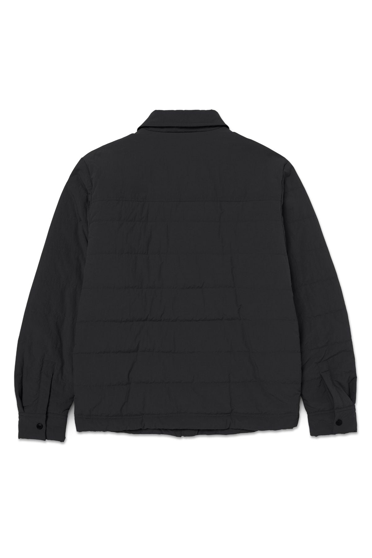 The CAT Mid Weight Insulated Work Jacket is shown from the back in black, featuring long sleeves, a straight hem, buttoned cuffs, and a classic collar.