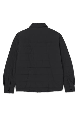 The CAT Mid Weight Insulated Work Jacket is shown from the back in black, featuring long sleeves, a straight hem, buttoned cuffs, and a classic collar.