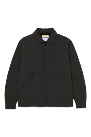 The CAT Mid Weight Insulated Work Jacket is black with long sleeves, a collar, front zipper, two large front pockets, and a small chest logo patch. This durable workwear jacket is displayed flat on a white background.