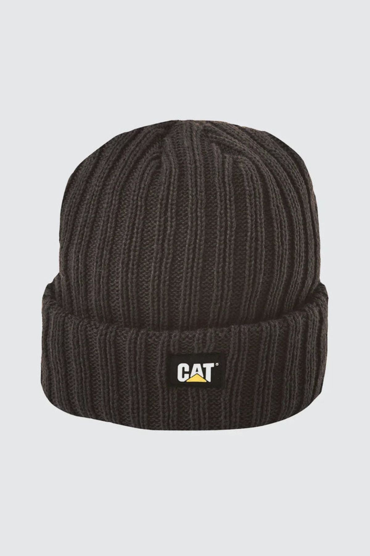 The CAT Rib Watch Beanie is a black ribbed knit hat with a folded brim and a front rectangular patch displaying the yellow and white CAT logo.