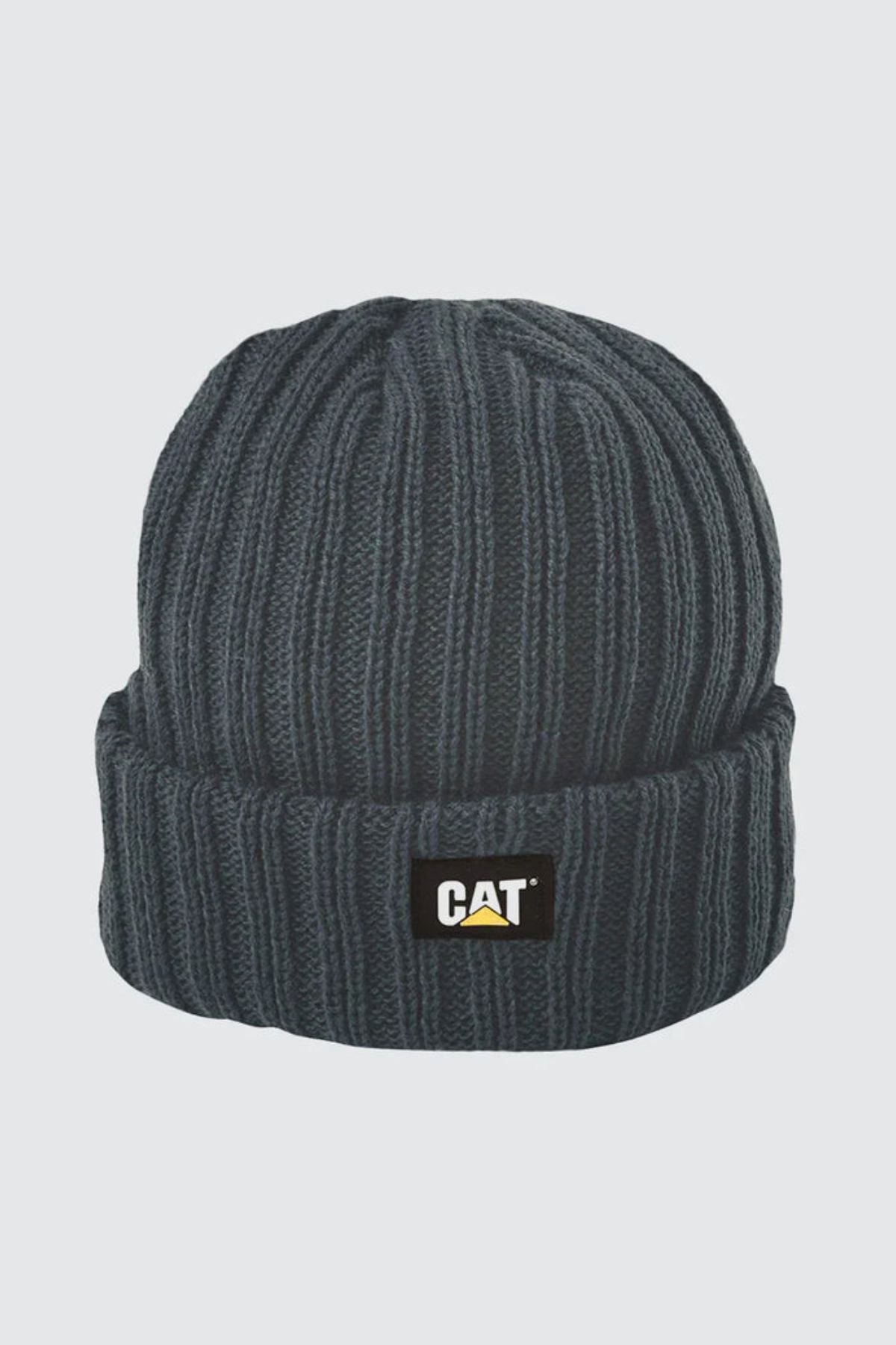 The CAT Rib Watch Beanie is a dark gray ribbed knit beanie with a folded cuff and a rectangular black CAT logo patch on the front, made from soft acrylic for comfort and warmth.