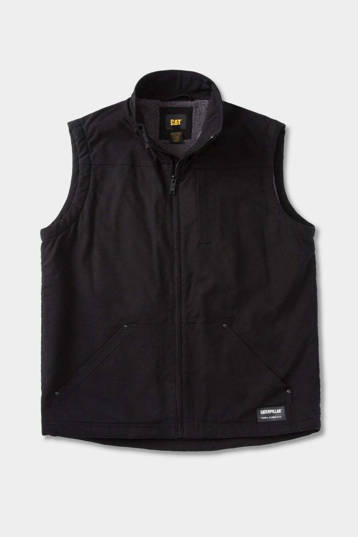 The CAT Sherpa Lined Vest is black, water resistant, and features a zip front, stand-up collar, two front pockets, and a small CAT logo patch at the bottom right. Made of durable fabric, it's ideal for work or outdoor use.